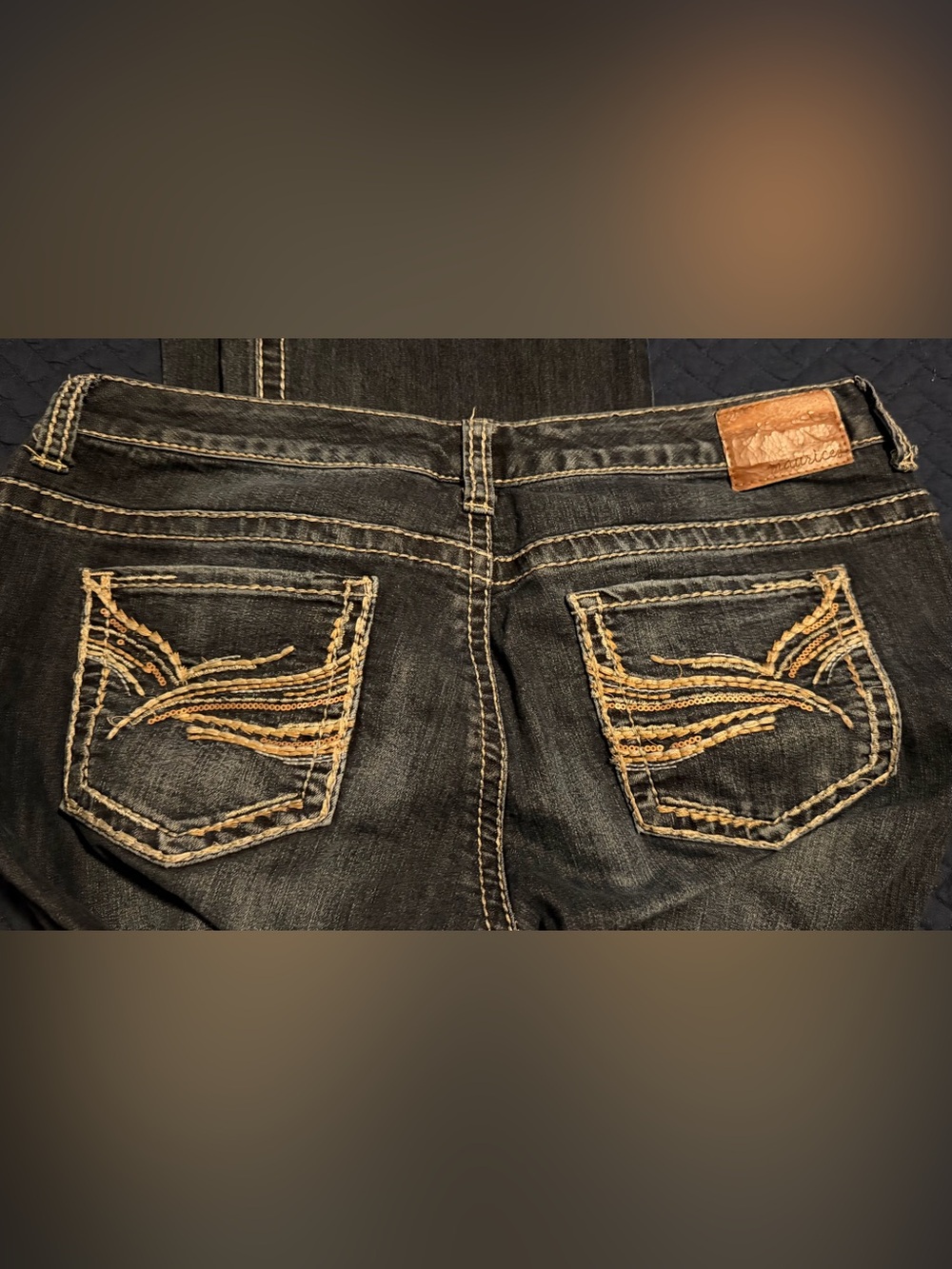 Maurices Dark Blue Boot Cut Jeans with Tan Stitching